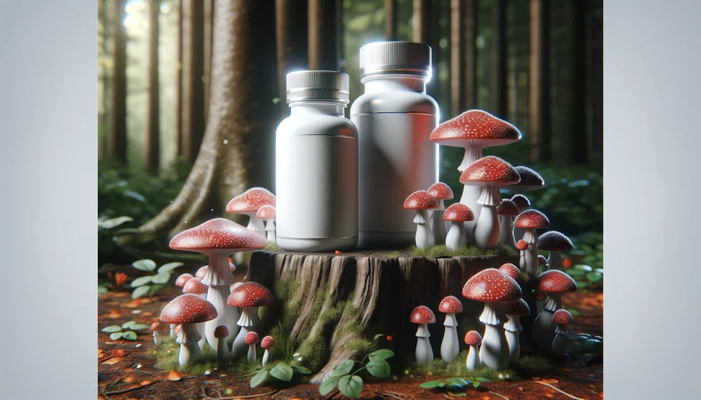 showcasing-two-amanita mushroom-bottles-standing-on-top-of-wild-looking-mushrooms.-
