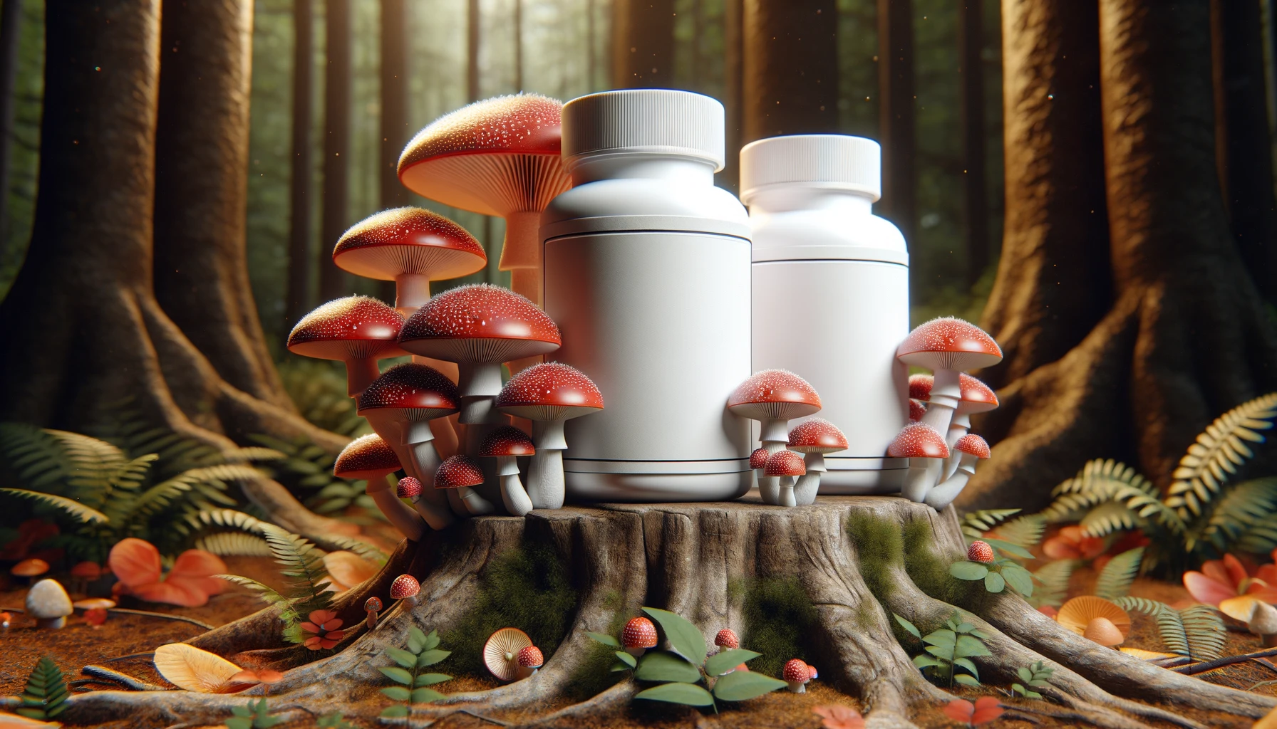 DALL·E 2024-03-05 11.07.23 - An image showcasing two supplement bottles standing on top of wild-looking mushrooms. The bottles are white with blank labels, having no text or brand