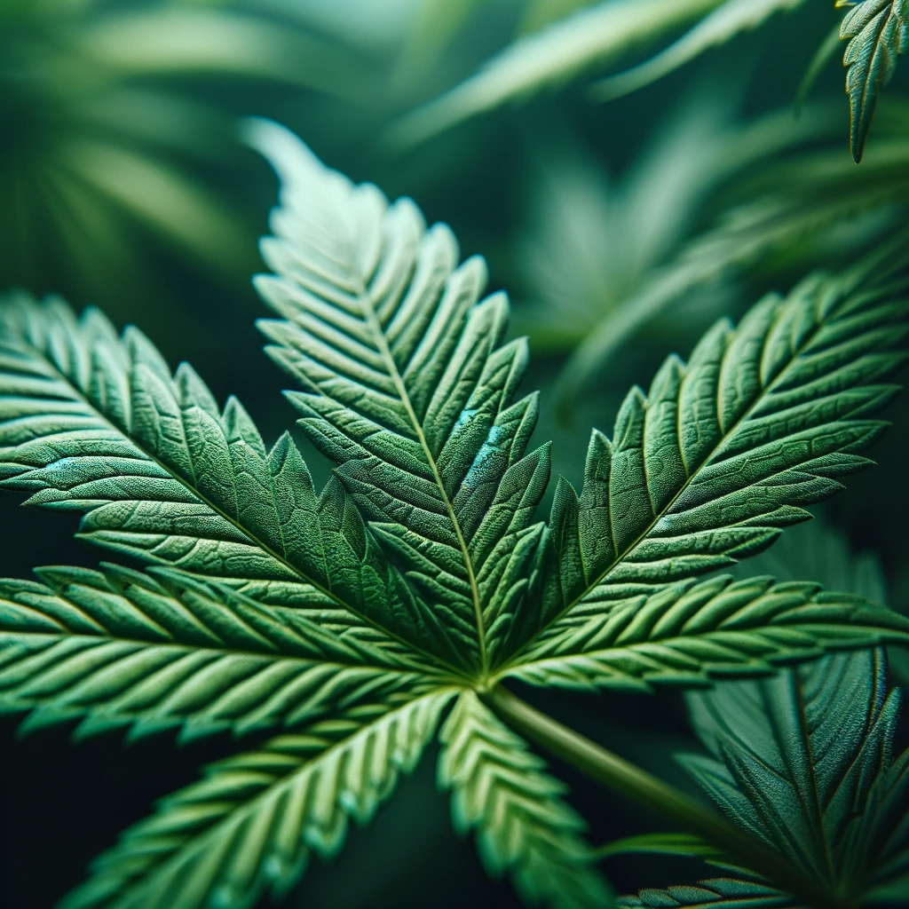 -close-up-image-of-a-marijuana-leaf-focusing-on-the-intricate-details-and-patterns-of-its-green-surface.-The-leaf-should-have-a-vibrant-green-color it is before it is converted to THCA.