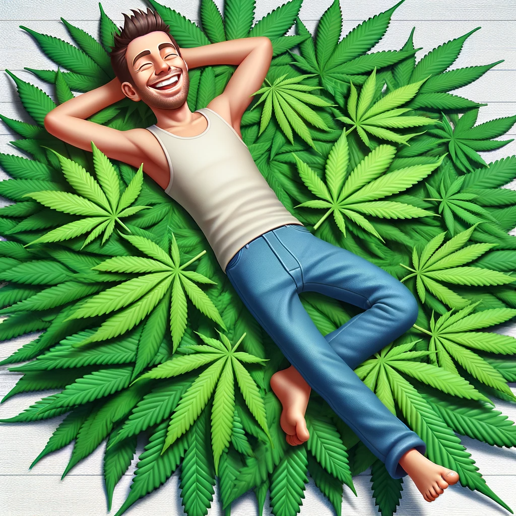 mage-of-a-happy-man-lying-comfortably-on-a-large-pile-of-THCA marijuana-leaves.-The-man-should-be-depicted-with-a-broad-smile-eyes-closed
