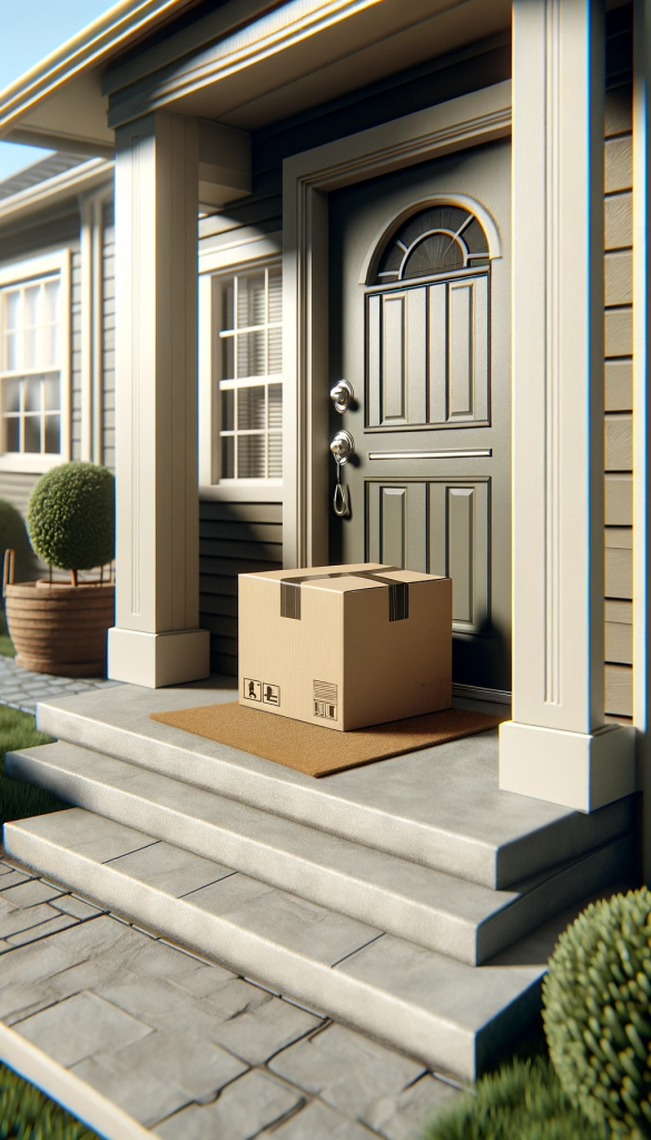 A-realistic-scene-showing-a-box-placed-on-the-doorstep-of-a-house.-The-image-focuses-on-a-front-door-of-a-typical-suburban-house