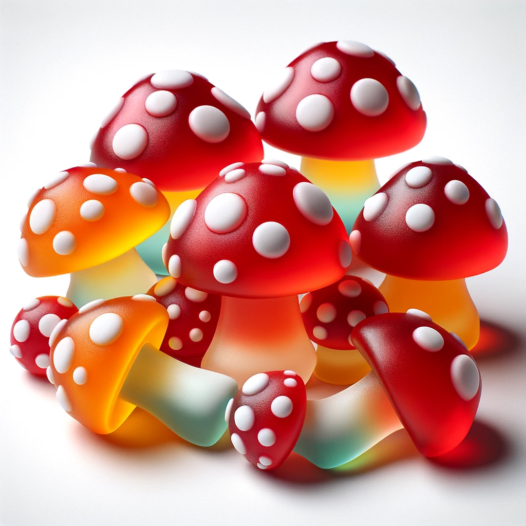 A-close-up-view-of-amanita-mushroom-gummies.-These-gummies-are-designed-to-look-like-small-colorful-amanita-mushrooms-with-the-iconic-red-cap