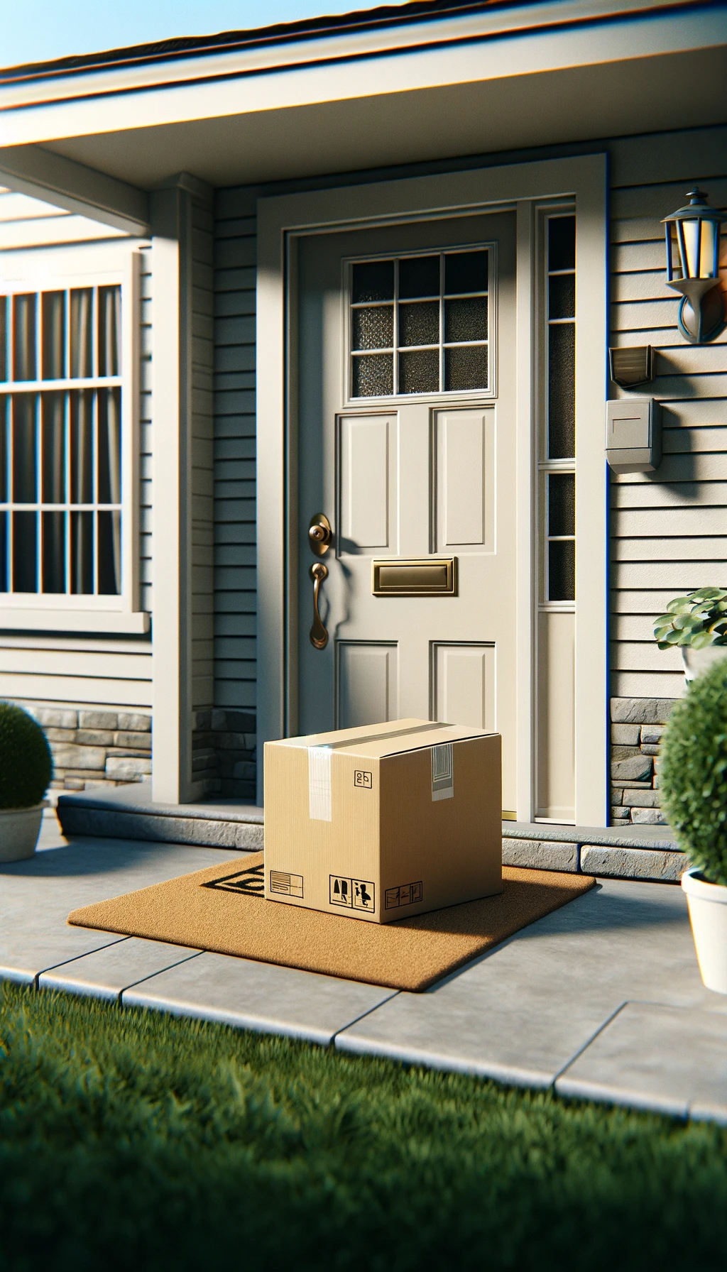 DALL·E 2024-01-23 12.13.56 - A realistic scene showing a box placed on the doorstep of a house. The image focuses on a front door of a typical suburban house. A medium-sized cardb