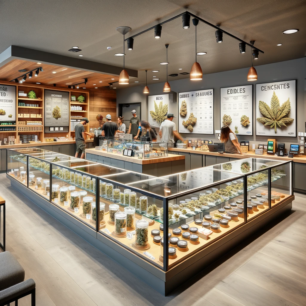DALL·E 2024-01-24 11.04.27 - An interior view of a modern weed dispensary. The dispensary is well-organized with a clean, sleek design. Glass display cases showcase various cannab
