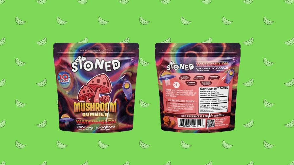 stoned mushrooms watermelon gummies front and back of package