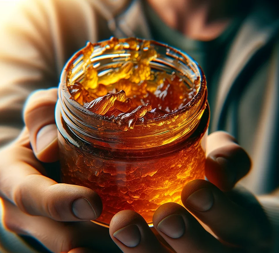 -an-image-of-a-person-holding-an-open-jar-filled-with-a-golden-amber-colored-sticky-substance-resembling-delta 9 live rosin gummies