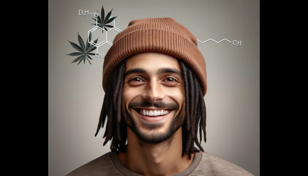 a-man-with-a-happy-and-relaxed-expression-on-his-face.-He-is-wearing-a-casual-brown-beanie-and-has-shoulder-length-black-dreadlocks he is high on delta 9 live rosin gummies