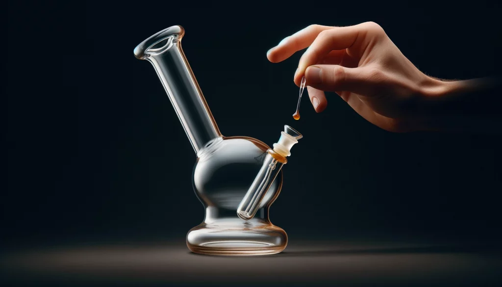 image-of-a-clear-glass-bong-with-a-wide-cylindrical-body-and-a-bent-neck.-The-bong-stands-on-a-plain-black-background.
