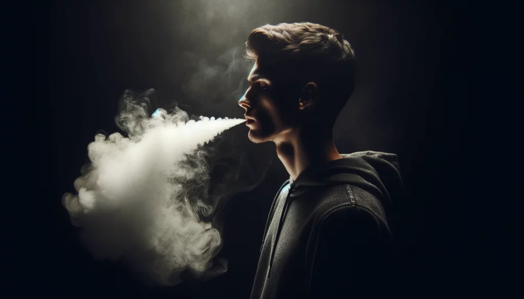 a-person-standing-against-a-dark-background.-The-person-is-in-side-profile-and-they-are-exhaling-a-large-dense-cloud-of-smoke