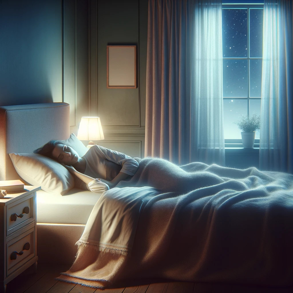 A-serene-and-peaceful-bedroom-scene-depicting-a-person-sound-asleep-in-their-bed.-The-room-is-softly-lit-creating-a-cozy-atmosphere