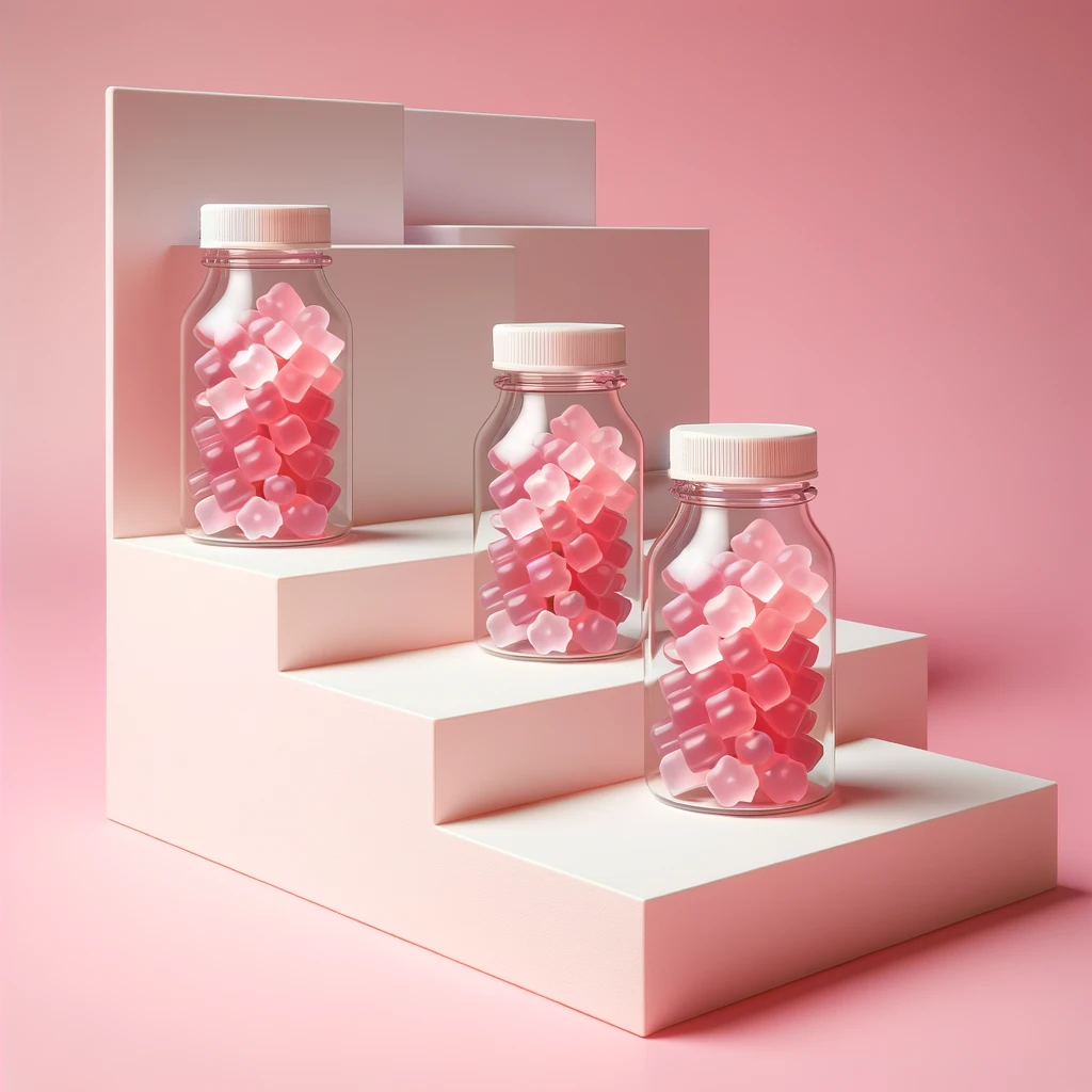 three-transparent-plastic-bottles-with-white-lids-filled-with-thco gummies-placed-on-a-two-level-white-and-pink-stepped