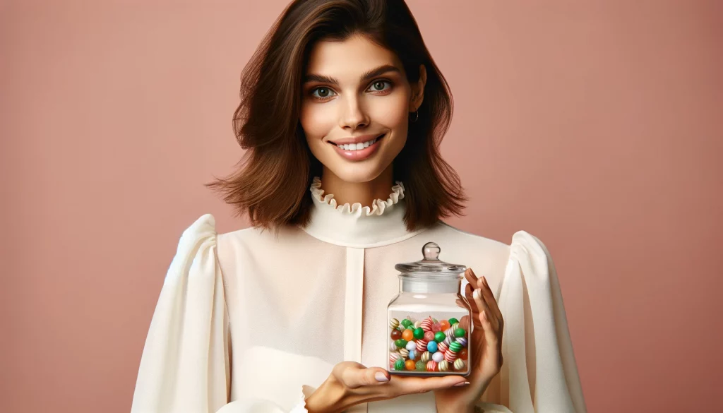 a-woman-with-a-warm-smile-wearing-a-high-collared-white-blouse-with-full-sleeves.-She-is-holding-a-clear-glass-jar-filled-with thco gummies
