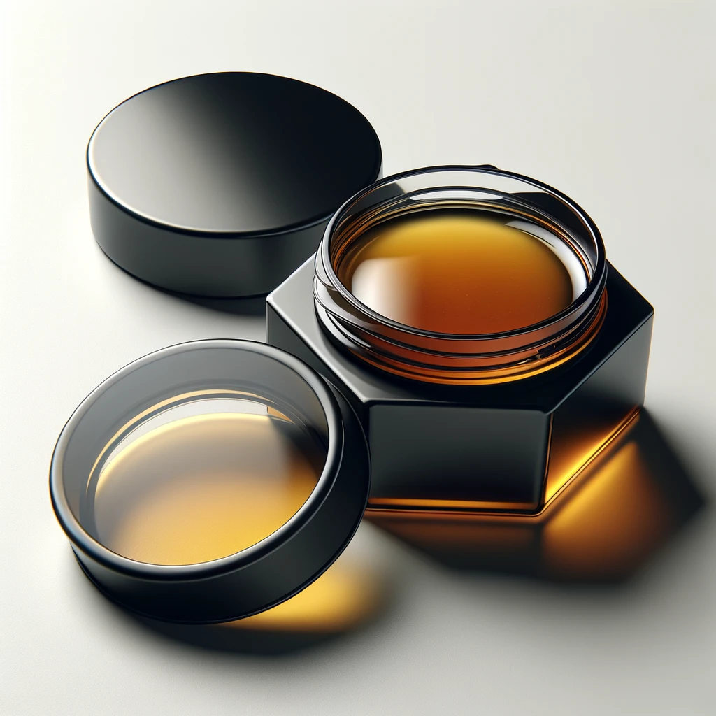 DALL·E 2024-02-22 10.13.54 - Create an image of two open black hexagon-shaped jars on a white surface. Inside each jar, there is a golden brown, waxy substance. The jars have tran