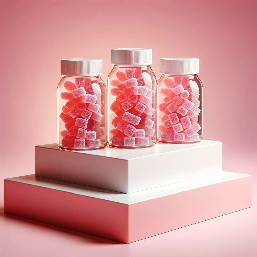 DALL·E 2024-02-28 10.02.06 - Create an image featuring three transparent plastic bottles with white lids, filled with pink gummies, placed on a two-level, white and pink stepped p