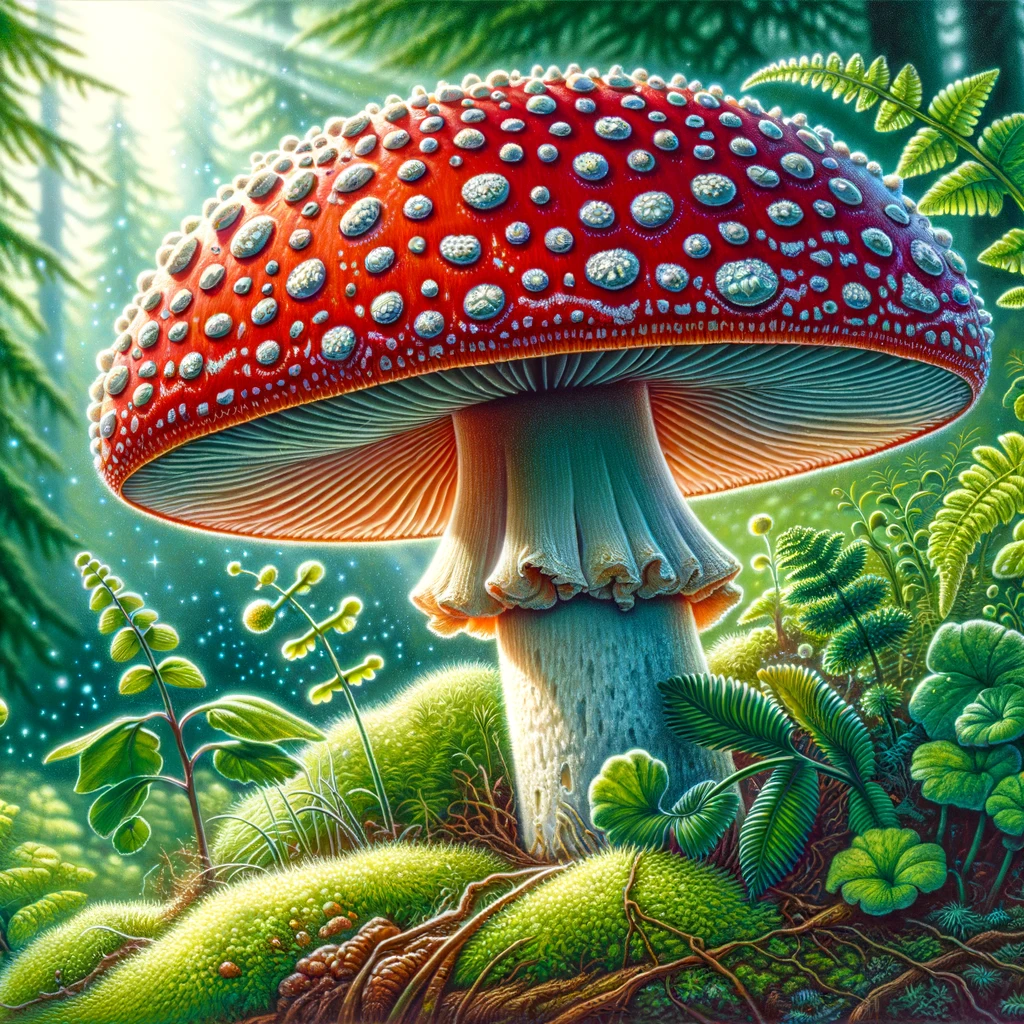 A-detailed-illustration-of-an-Amanita-mushroom-showcasing-its-iconic-red-cap-with-white-spots.