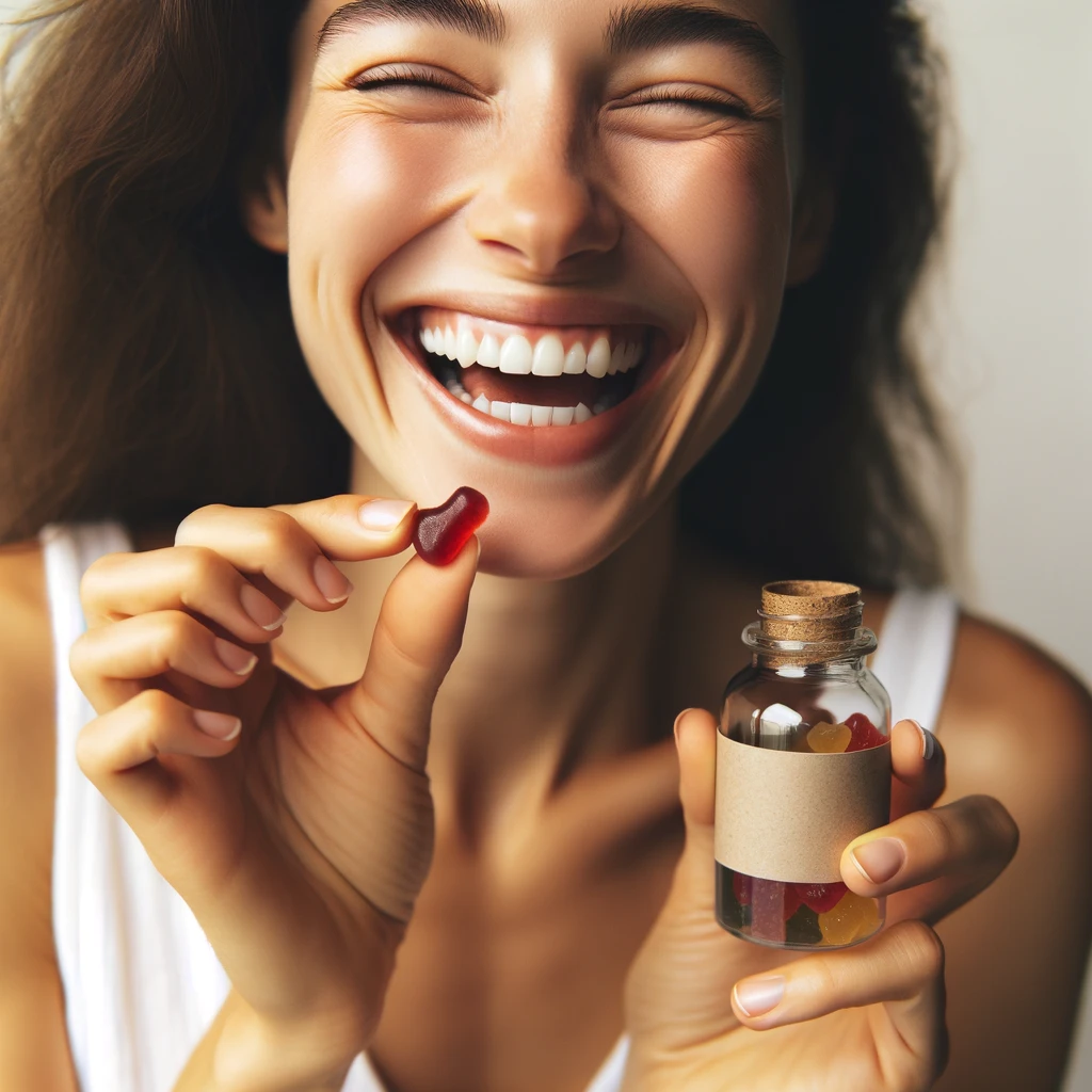 DALL·E 2024-03-18 11.15.59 - A joyful woman holding a bottle labeled 'apple cider vinegar gummies' and eating a red gummy. She is smiling widely, and her eyes are closed in a mome