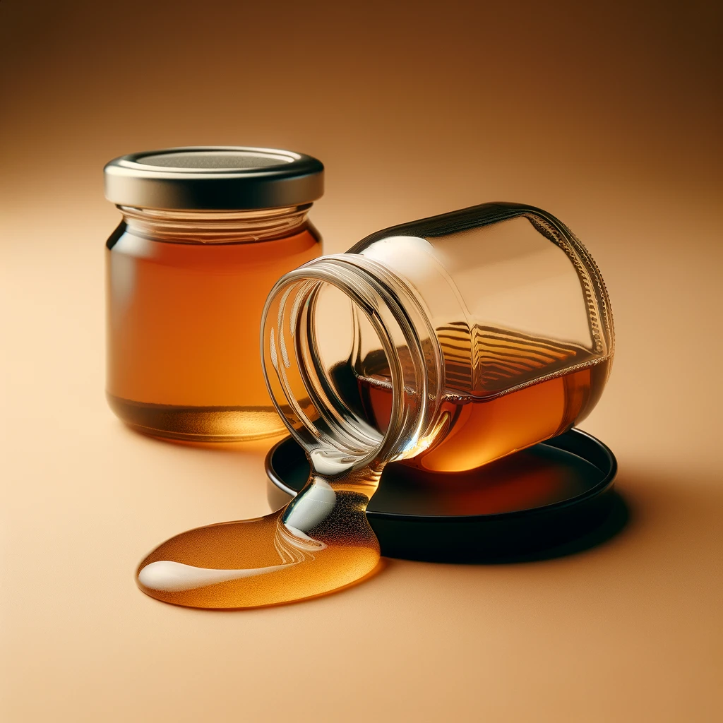 DALL·E 2024-03-18 12.40.44 - A photo of a clear glass container lying on its side on a black lid, with amber-colored honey-like substance spilled partially out onto the lid. Next