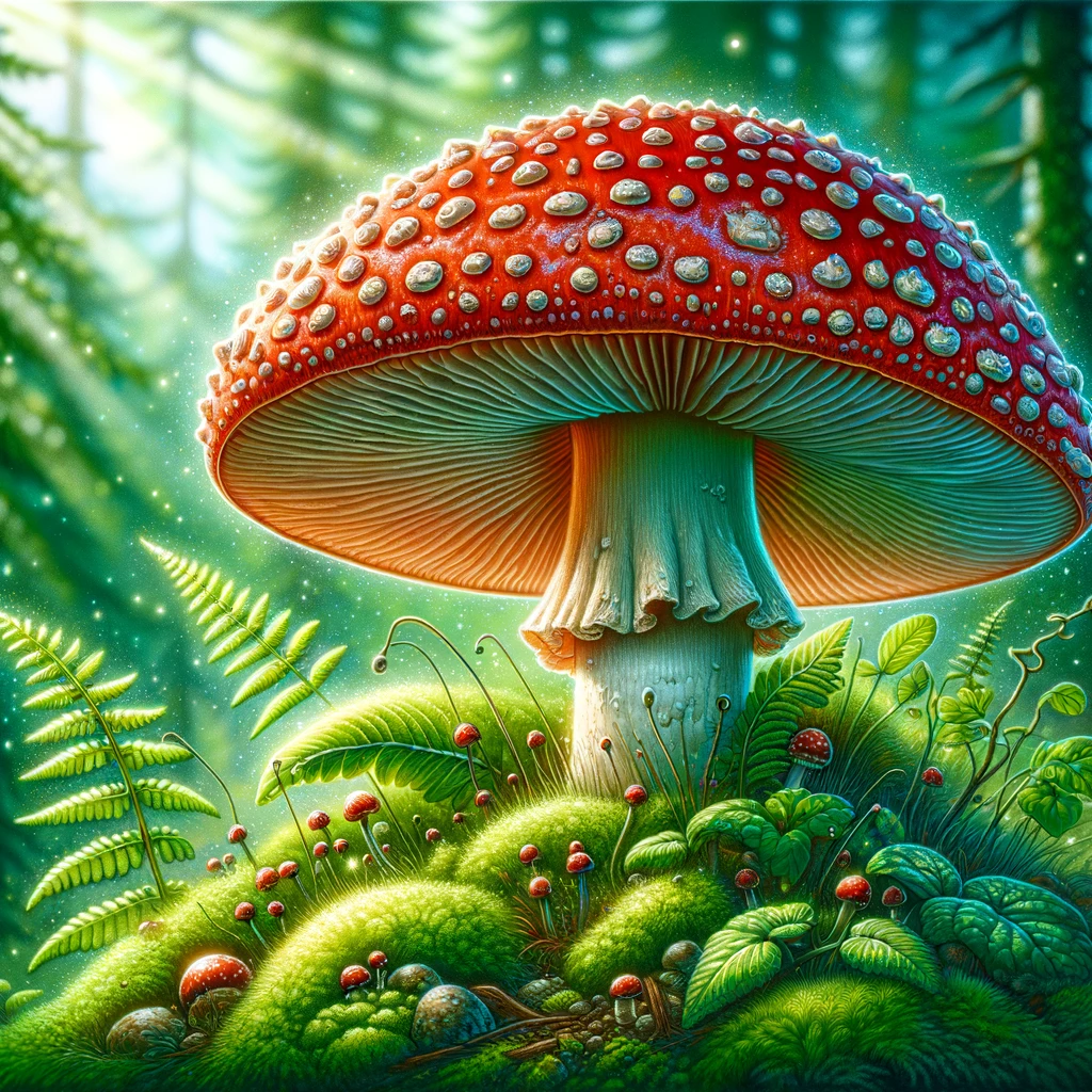 DALL·E 2024-03-19 12.35.12 - A detailed illustration of an Amanita mushroom, showcasing its iconic red cap with white spots. The mushroom is situated in a lush, green forest envir