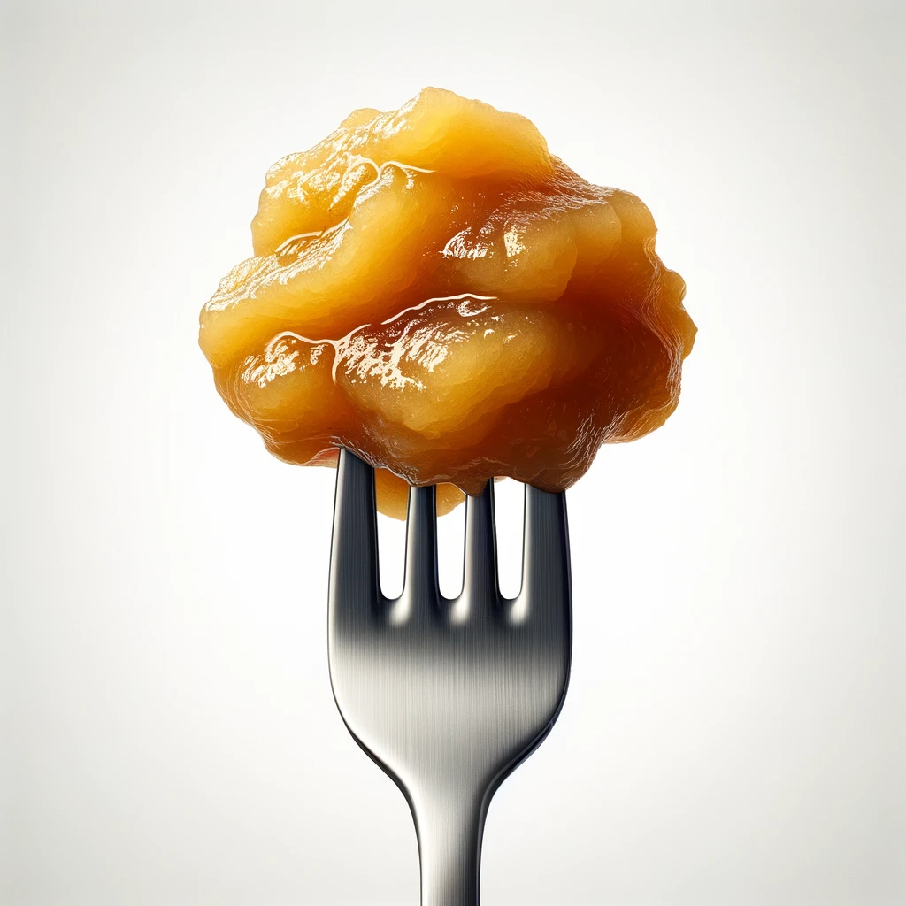 DALL·E 2024-03-26 10.00.16 - Create an image of a metallic fork against a white background. There should be a clump of thick, golden-brown apple sauce with a chunky texture on the