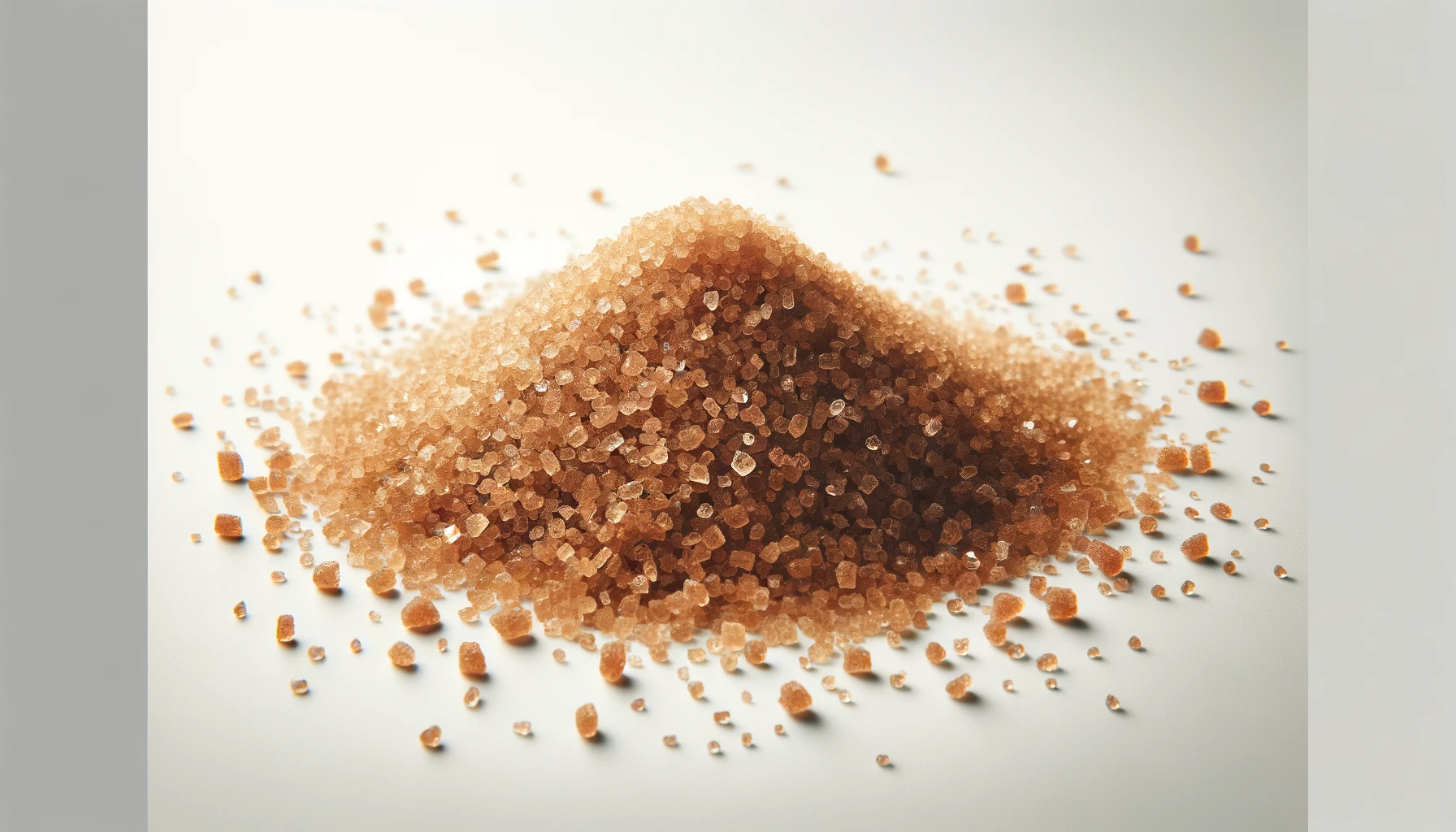 DALL·E 2024-03-26 11.33.48 - Create an image of a heap of granulated brown sugar scattered on a white surface. The granules should have a sparkling crystalline appearance with a g
