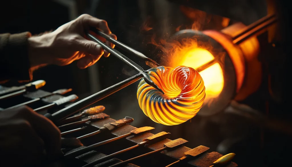 A-close-up-image-capturing-the-vibrant-art-of-glassblowing.-In-the-foreground-a-glassblowers-hand