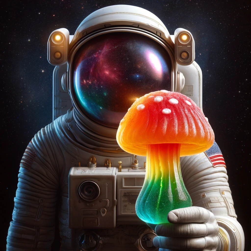 DALL·E 2024-04-02 11.14.27 - An image of an astronaut in a detailed space suit holding a large gummy candy shaped like a mushroom. The gummy is bright and colorful, with a clear d