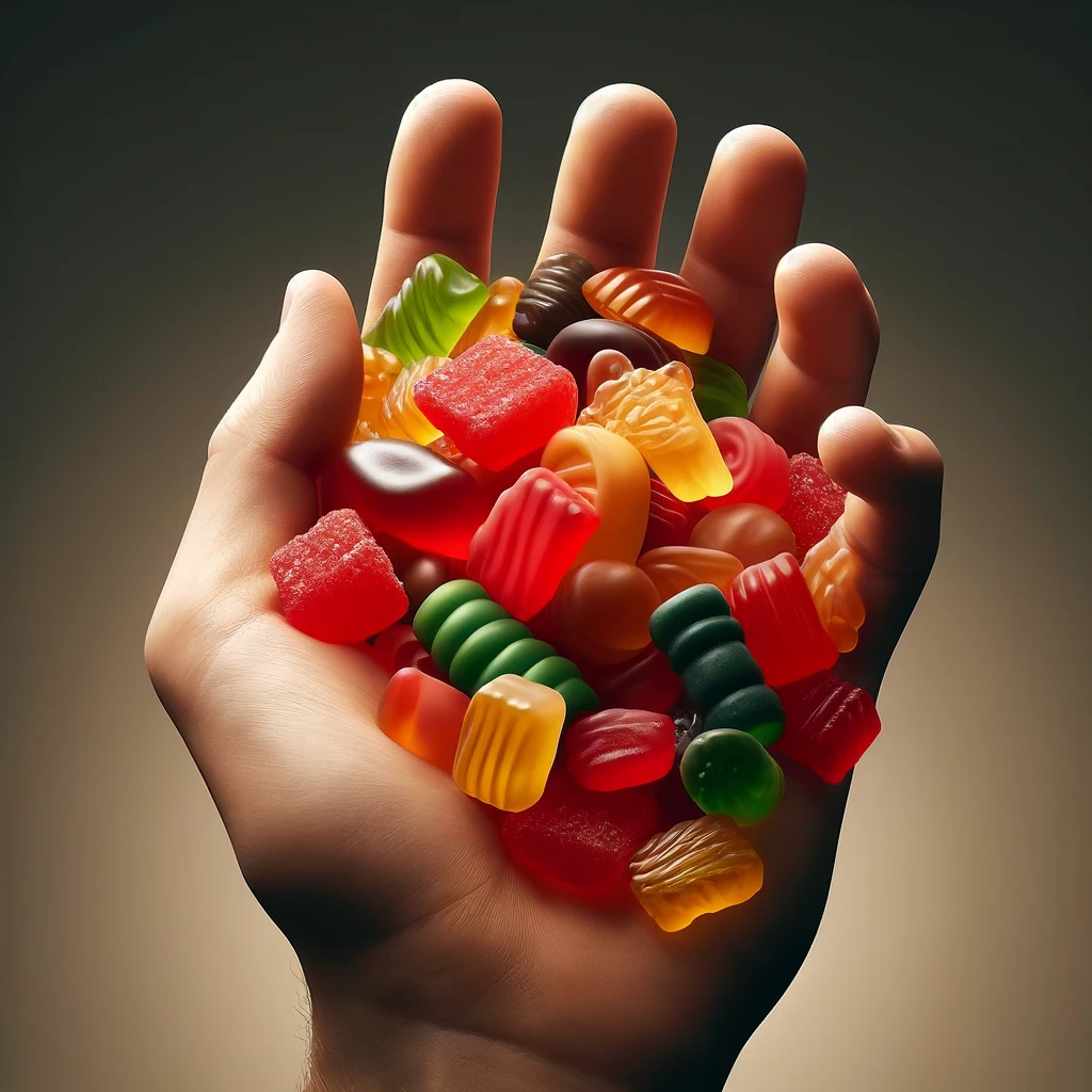 DALL·E 2024-04-02 11.42.29 - A realistic and detailed image of a human hand holding a colorful assortment of gummy candies. The candies should vary in shape and color, including r