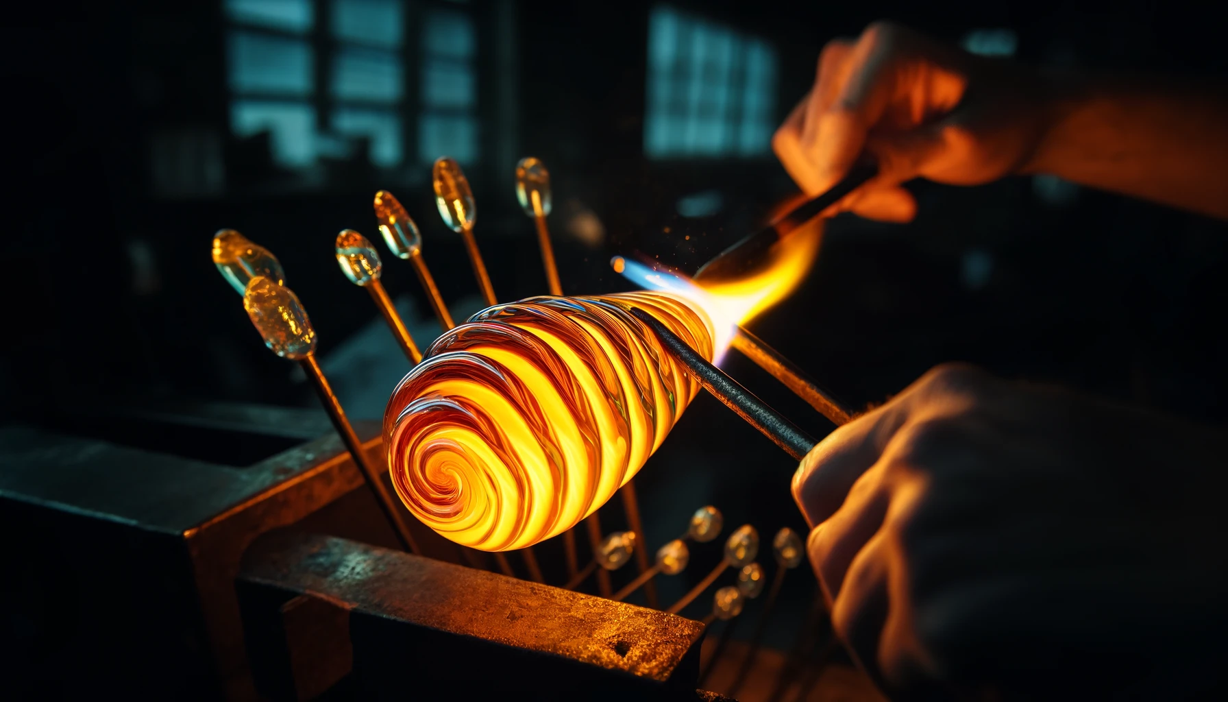 DALL·E 2024-04-18 09.54.27 - A close-up image capturing the vibrant art of glassblowing. In the foreground, a glassblower's hands are using metal tongs to shape a glowing, molten