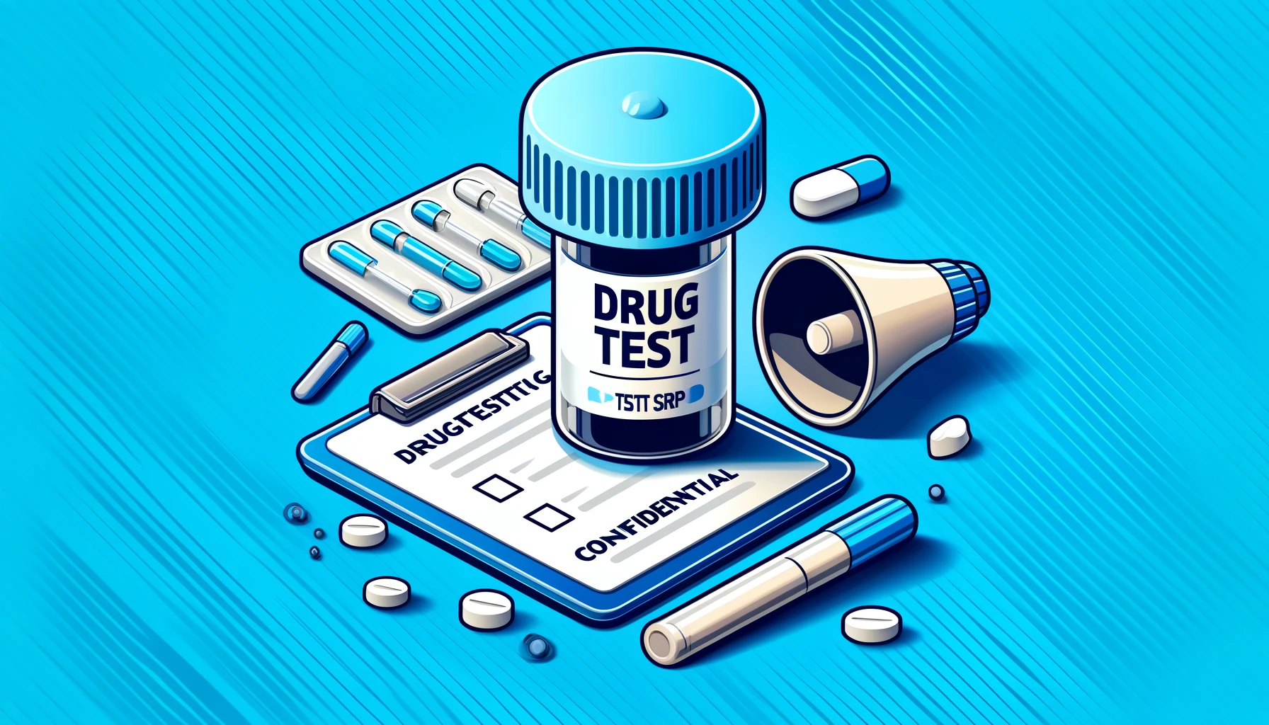 DALL·E 2024-04-18 11.37.04 - Create an image of a drug testing scene, including a small container with a blue cap and several visible test strips on its side, a clipboard with a p