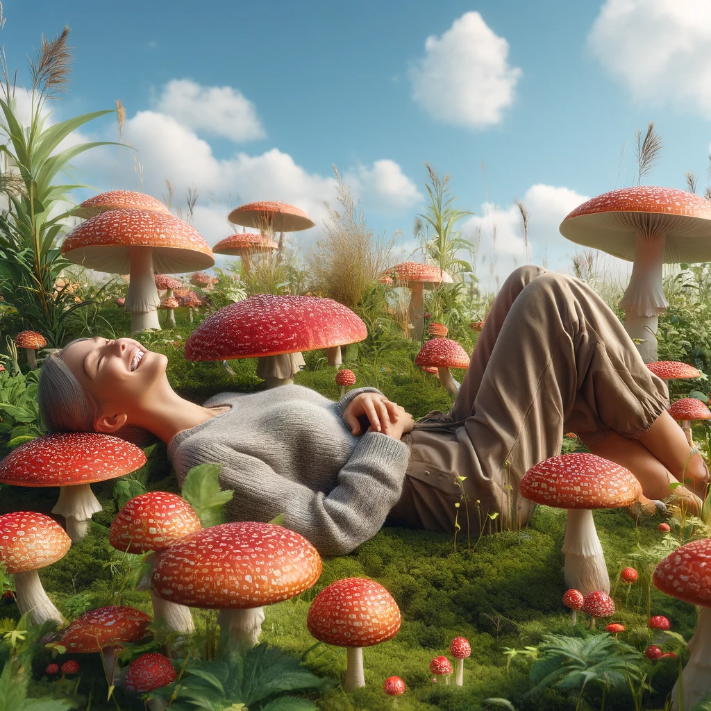 DALL·E 2024-04-18 12.06.22 - Create a realistic image of a woman lying down on a field of Amanita muscaria mushrooms. She is wearing comfortable outdoor attire and has a joyful ex