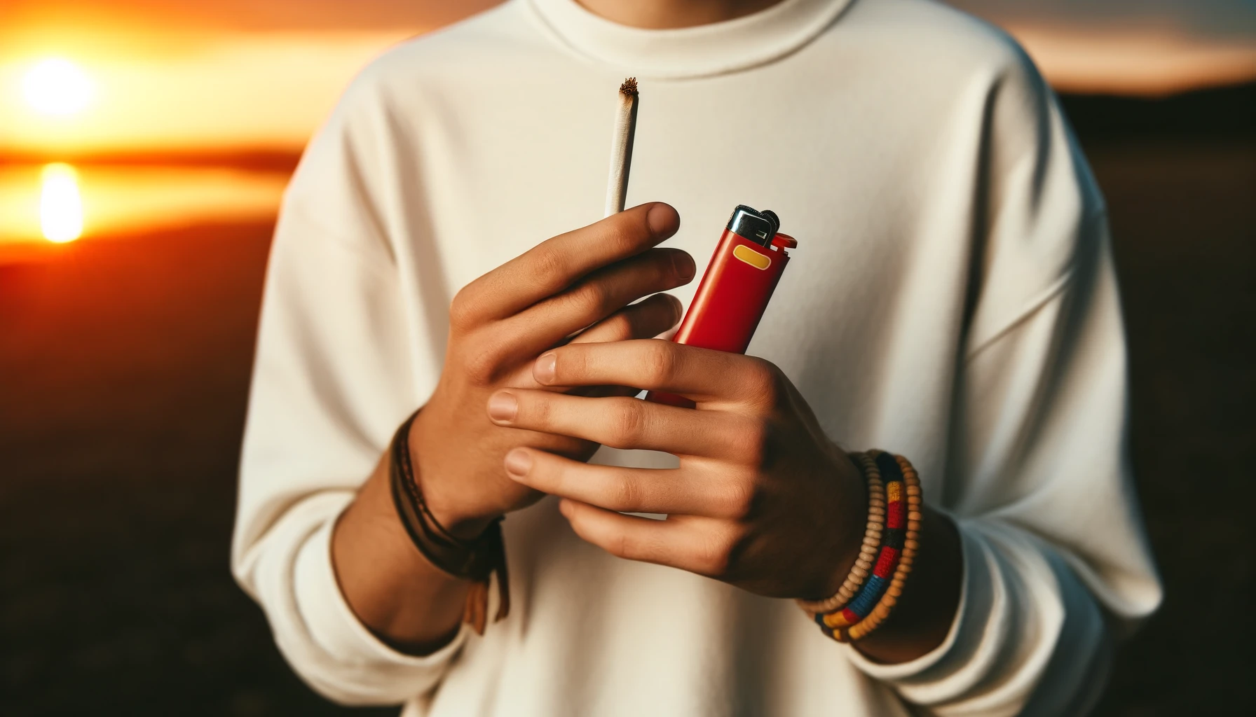 DALL·E 2024-04-25 11.19.13 - A close-up photo of a person's hands holding a rolled unlit cigarette and a classic red and yellow lighter. The person is wearing a white long-sleeve