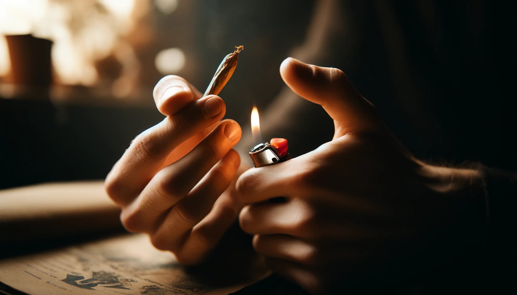 DALL·E 2024-04-25 14.41.49 - An image featuring a person's hands close up. One hand is holding a small, hand-rolled cigarette, the other hand is holding a lighter and is in the ac