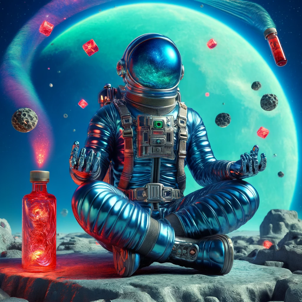 DALL·E 2024-05-08 14.57.30 - A surrealistic image of an astronaut sitting cross-legged on a rocky moon surface. The astronaut is wearing a shiny blue space suit with intricate det