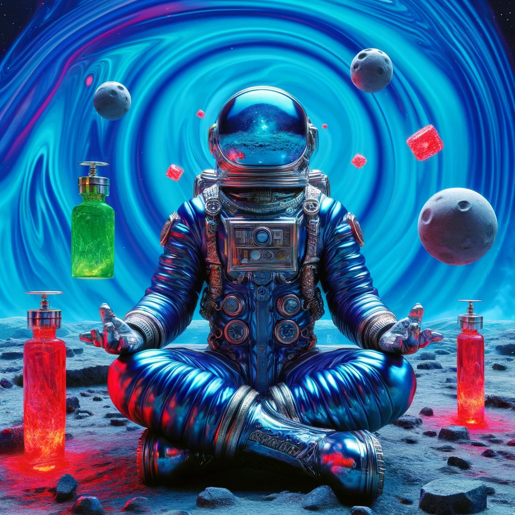 DALL·E 2024-05-08 14.57.31 - A surrealistic image of an astronaut sitting cross-legged on a rocky moon surface. The astronaut is wearing a shiny blue space suit with intricate det