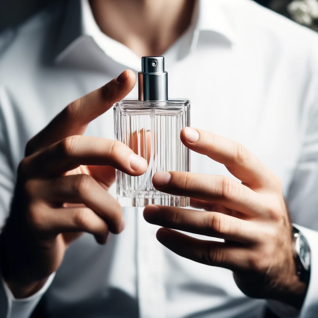 DALL·E 2024-06-04 11.36.49 - A close-up shot of a man in a white dress shirt holding a clear glass perfume bottle with a metallic spray nozzle in one hand and the bottle's cap in